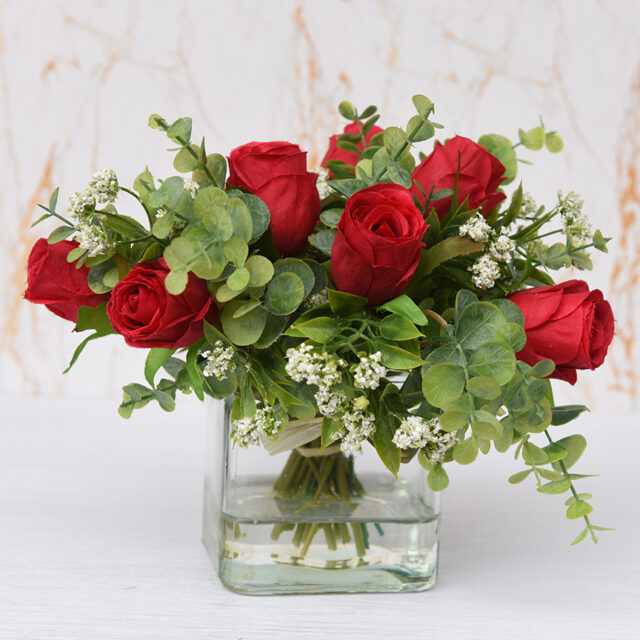 Ladies Gift Red Roses Silk Flowers In Resin