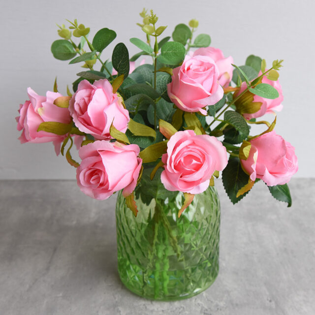 Pink Rose Silk Flowers In Green Glass Vase With Resin Water For Ladies Special Gift