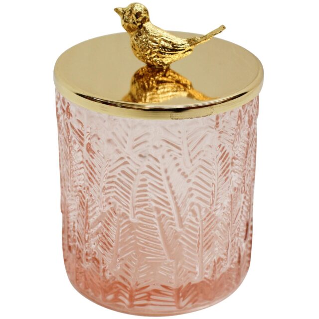 Pink Trinket Glass Bird Container With Lid